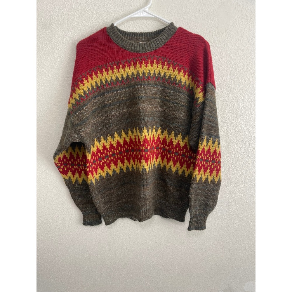 Vintage 80s Benetton Sweater Medium Fair Isle Wool Blend Brown Red Made In Italy